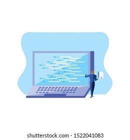 business man with document and laptop computer vector illustration design
