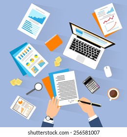 Business man document signing up contract agreement, Businessman laptop workplace top angle above view sitting at office desk work vector illustration