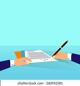 Business man document signing up contract agreement, Businessman workplace at office desk write flat vector illustration