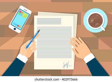 Business Man Document Signing Up Contract Agreement, Businessman Write Office Desk Wooden Texture Flat Vector Illustration