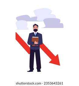 Business man with documents stands under the clouds. Business mistake causing failure, risk management. Unprotected in the financial crisis storm. Vector flat isolated illustration with red chart down