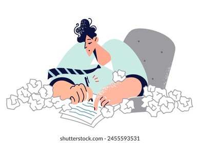 Business man is doing paperwork and writing speech for presentation, sitting at desk, with many crumpled drafts. Guy writer or journalist prepares text for popular magazine making paperwork