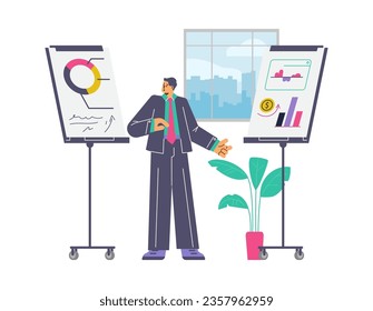 Business man doing presentation with graphs on whiteboard, flat vector illustration isolated on white background. Man coaching or doing business training. Presenter showing financial reports.