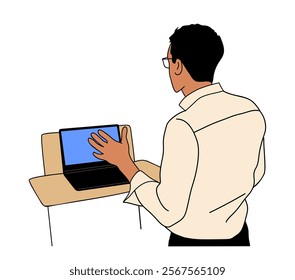 Business man doing presentation standing behind the desk with laptop. Business education, staff learning concept. Outline sketch drawing isolated on white background. 