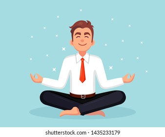 Business Man Doing Yoga. Worker Sitting In Padmasana Lotus Pose, Meditating, Relaxing, Calm Down And Manage Stress. Vector Flat Design