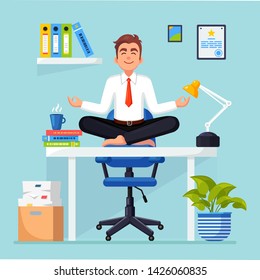Business man doing yoga at workplace in office. Worker sitting in padmasana lotus pose on desk, meditating, relaxing, calm down and manage stress. Vector flat design
