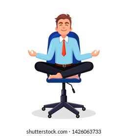 Business man doing yoga at workplace in office. Worker sitting in padmasana lotus pose on chair, meditating, relaxing, calm down and manage stress. Vector flat design