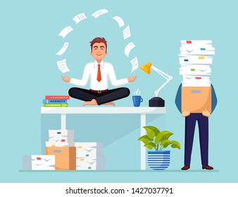 Business man doing yoga at workplace in office. Worker sitting in padmasana lotus pose on desk with flying paper, meditating, relaxing, calm down manage stress. Busy businessman with stack of paper