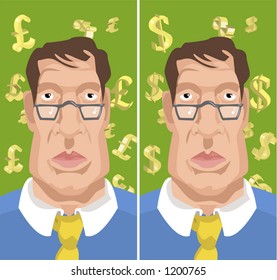 business man with dollars or ponds behind him. pound and dollar symbols on separate layers rather than side by side.