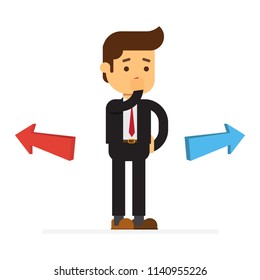 Business man in doubt standing in front of two arrows