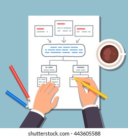 Business man drawing a block diagram plan while drinking his coffee. Strategic planning of business process. Flat style vector illustration.