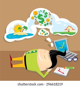 Business man dreaming. Concept of big dreams about money, house and travel. sweet dreams cartoon illustration