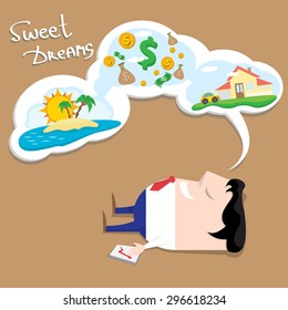 Business man dreaming. Concept of big dreams about money, house and travel. sweet dreams cartoon illustration