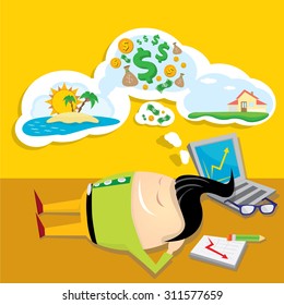 Business man dreaming. Concept of big dreams about money, house and travel. sweet dreams cartoon illustration