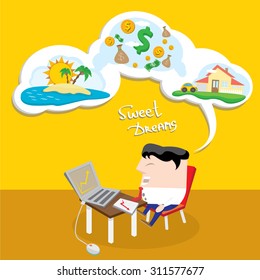 Business man dreaming. Concept of big dreams about money, house and travel. sweet dreams cartoon illustration