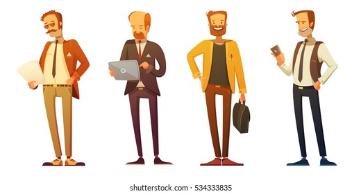 Business man dress code 4 retro cartoon icons set with businessmen at work isolated vector illustration