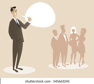 Business man dressed in 50's or 60's clothes proud of his team. Cartoon style. Vector Illustration.