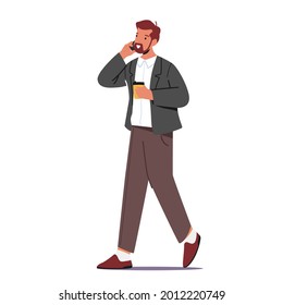 Business Man Drinking Coffee from Disposable Cup and Talking by Smartphone. Young Businessman Character in Formal Wear Morning Takeaway Drink Refreshment. Cartoon People Vector Illustration