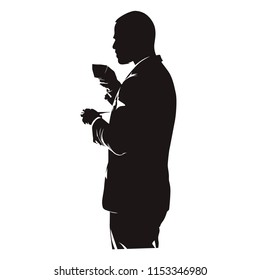 Business man drinking coffee, isolated vector silhouette. Coffee break