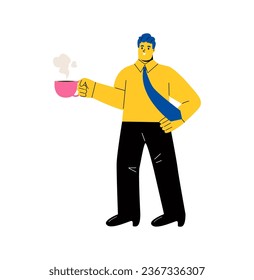 Business man drinking coffee on tea break in bright office. Flat vector illustration isolated on white background

