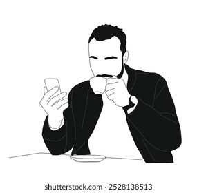 Business man drinking coffee, using smart phone