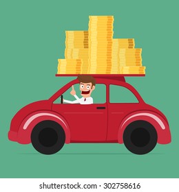 Business Man Driving A Car Full Of Money. Cartoon Vector Illustration.