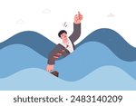 Business man drowning in sea, for concept of mortal danger due to crisis and corporate bankruptcy. Guy drowning in water and calling for help, after collapse of company and massive layoff of employees