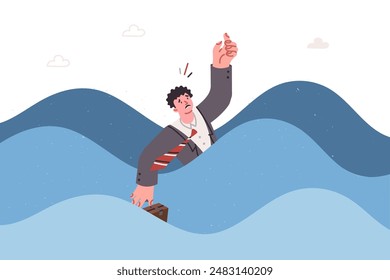 Business man drowning in sea, for concept of mortal danger due to crisis and corporate bankruptcy. Guy drowning in water and calling for help, after collapse of company and massive layoff of employees