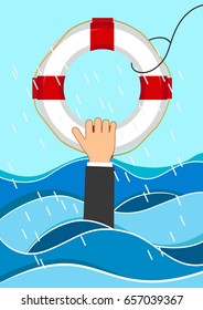 Business man drowns holding lifebuoy in waves. Flat business concept