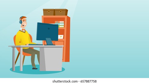 Business man during video conference in the office. Businessman with headset working on a computer in the office. Call center operator at work. Vector flat design illustration. Horizontal layout.