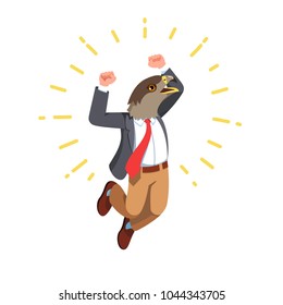 Hombre de negocios con la cabeza del pájaro del águila que lleva el salto que celebra el éxito con el gesto del ganador. Personaje de persona cabeza de animal de pájaro águila con ropa. Ilustración vectorial de estilo plano aislado en blanco