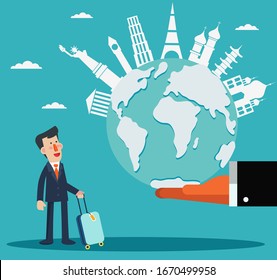 Business man with Earth globe. Business travel vector illustration. Concept of international partnership, cooperation and teamwork in business. Famous landmarks travel destination