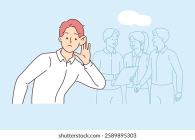 Business man eavesdrops on conversations of subordinates, wanting to find out latest gossip and opinions about company. Guy is engaged in corporate espionage and eavesdrops competitors