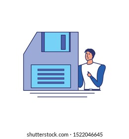 business man elegant with floppy disk vector illustration design