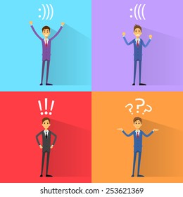 business man emotions set with exclamation, question mark and smiley bracket sign vector illustration