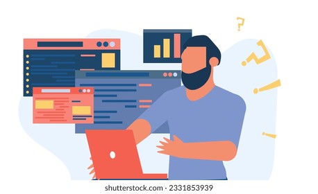 Business man employee analytics data vector advice workshop illustration. Office people analysis chart development. Concept work job network banner. Online cooperation report cartoon