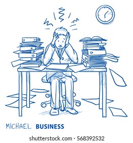 Business man employee being desperate of too much work at his desk full of documents concept for stress, burnout, chaos or bad organization. Hand drawn line art cartoon vector illustration.