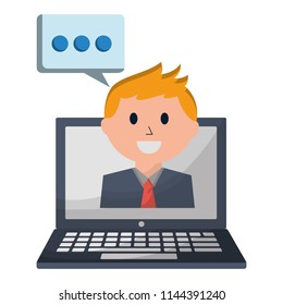 business man employee chat bubble laptop
