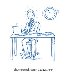 Business man, employee at his desk with laptop, tablet and smart phone, looking stressed, in panic due to lack of time.  Hand drawn line art cartoon vector illustration