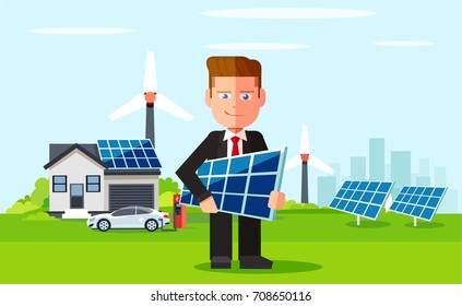 Business man employee of solar power plant and wind farm on background of clean energy powered household. Vector flat design illustration