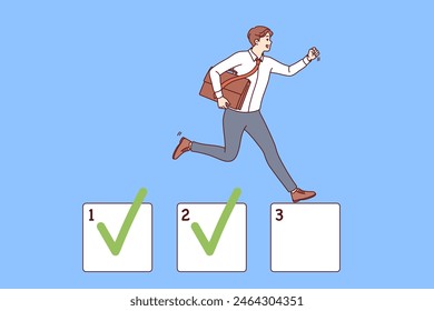 Business man is engaged in task management and marking already completed projects, running through checkboxes with ticks. Manager prioritizes jobs using task management and planning