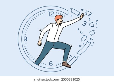 Business man is engaged in time management, breaking clock to increase productivity and complete task efficiently. Concept of importance of time management for accelerating career growth