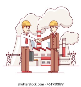 Business man and engineer shaking hands. Factory sale or renovation deal. Electrical power production plant building with transmission lines and steam pipes. Flat style thin line vector illustration.