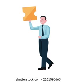 Business man enjoying office party. Team connecting puzzle pieces flat vector illustration. Teamwork, celebration, unity concept for banner
