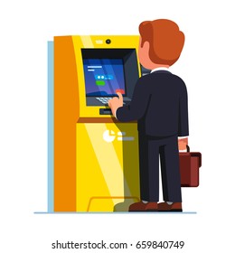 Business man entering PIN code after inserting plastic credit card to make financial transaction with teller cash machine. Street ATM money deposit and withdrawal. Flat vector illustration on white.