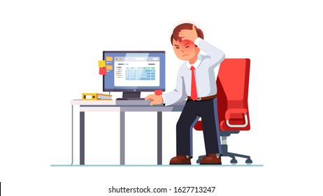 Business man entrepreneur suffering sudden brain stroke attack at workplace holding head in pain at work office desk. Cerebral hemorrhage or ischemic seizure. Flat vector character illustration
