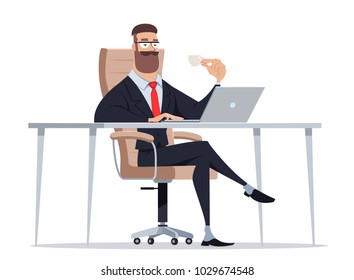 Business Man Entrepreneur In A Suit Working On A Laptop Computer At His Clean And Sleek Office Desk. Flat Style Vector Illustration.