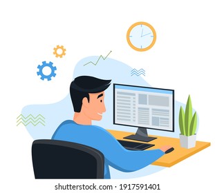 Business man entrepreneur in a suit working on a laptop computer at his clean and sleek office desk. Flat style color modern vector illustration.