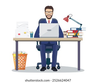 Business man entrepreneur in a suit working at his office desk. Vector illustration in flat style