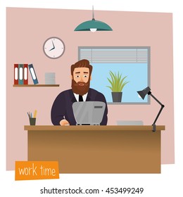 Business man entrepreneur in a suit working at his office desk. Flat style modern vector illustration.